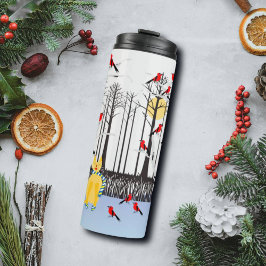 Winter Joy - Kat met sjaal Berkenbomen Kardinalen Thermosbeker