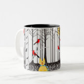 Winter Joy - Kat met sjaal Berkenbomen Kardinalen Tweekleurige Koffiemok (Voorkant links)