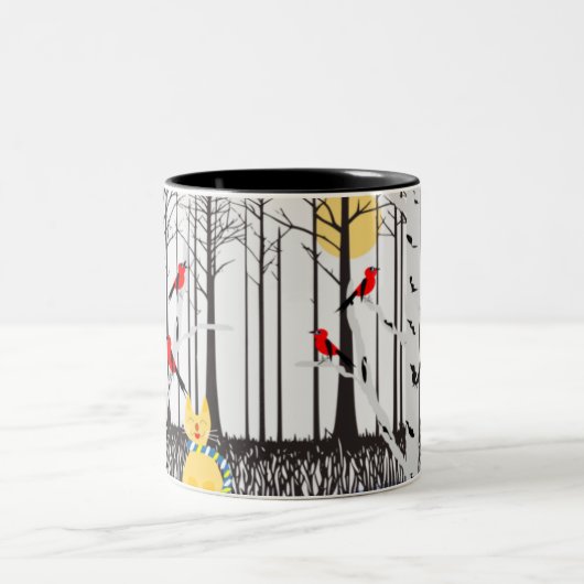 Winter Joy - Kat met sjaal Berkenbomen Kardinalen Tweekleurige Koffiemok (Center)