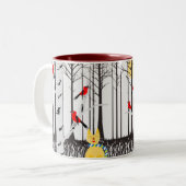 Winter Joy - Kat met sjaal Berkenbomen Kardinalen Tweekleurige Koffiemok (Voorkant links)