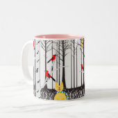 Winter Joy - Kat met sjaal Berkenbomen Kardinalen Tweekleurige Koffiemok (Voorkant links)