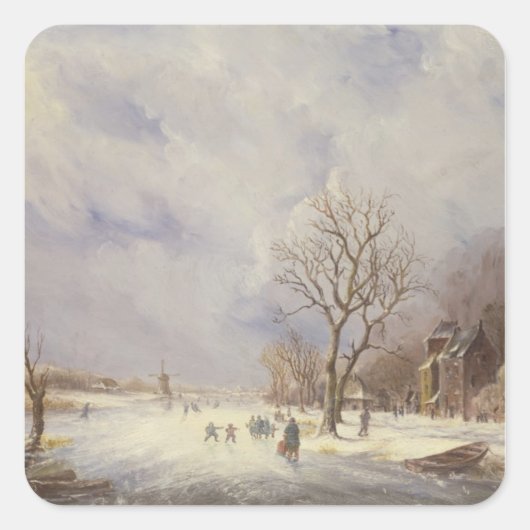 Winter Kanaal Scene, 19e eeuw Vierkante Sticker (Voorkant)