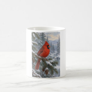 Winter Kardinaal op Besneeuwde Den bij een Bosbeek Koffiemok