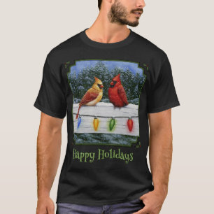 Winter Kardinaal Vogels En Kerstmis Lichten Happy  T-shirt