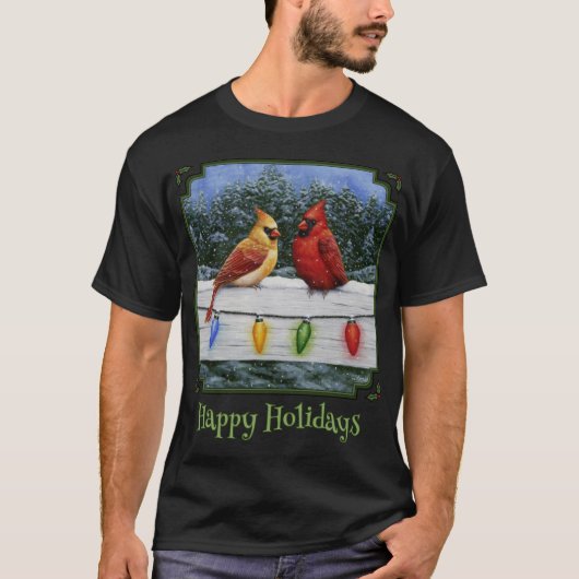 Winter Kardinaal Vogels En Kerstmis Lichten Happy T-shirt (Voorkant)