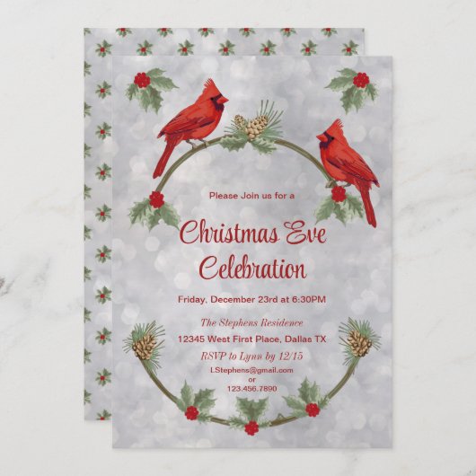 Winter Kardinaals- en Dennenbomen Feest Uitnodigin Kaart (Voorkant / Achterkant)