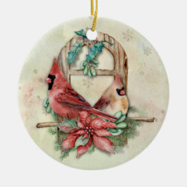 Winter Kardinals Paar met Poinsettia Keramisch Ornament