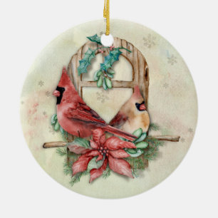Winter Kardinals Paar met Poinsettia Keramisch Ornament