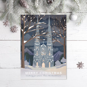Winter Kathedraal Geïllustreerd Kerstmis Blauw Feestdagenkaart