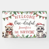 Winter Kerst 1e Verjaardagsfeest Schattigee Raccon Spandoek (Horizontaal)