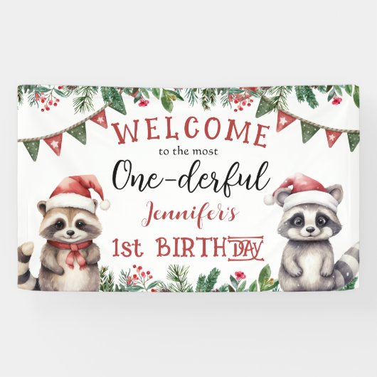 Winter Kerst 1e Verjaardagsfeest Schattigee Raccon Spandoek (Horizontaal)