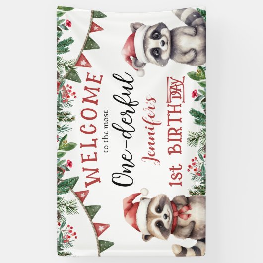 Winter Kerst 1e Verjaardagsfeest Schattigee Raccon Spandoek (Verticaal)