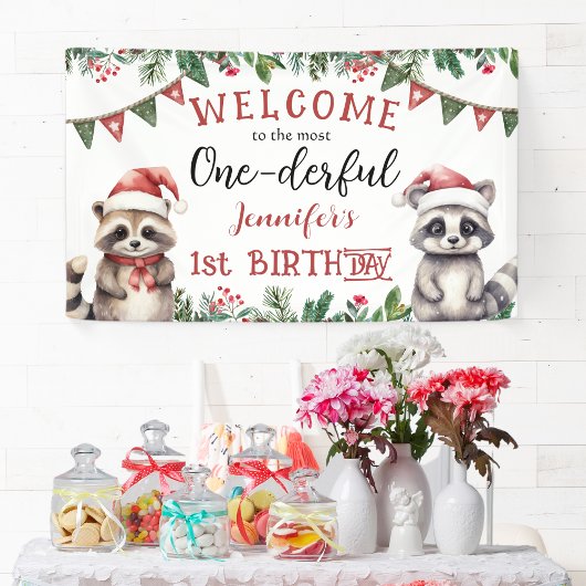 Winter Kerst 1e Verjaardagsfeest Schattigee Raccon Spandoek