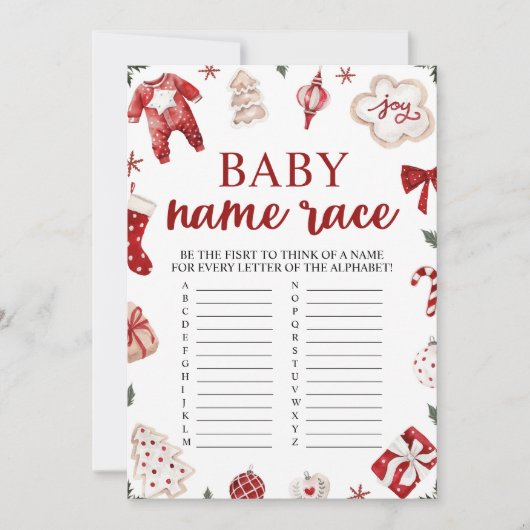 Winter Kerst Baby Naam Race Baby shower Spel Kaart (Voorkant)