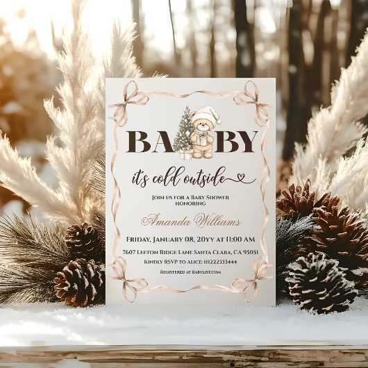 Winter Kerst Beige Teddybeer Babyshower Kaart