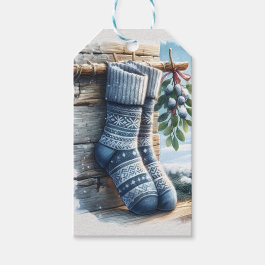 Winter Kerst Blauwe Sokken Bessen Cadeaulabel (Voorkant)