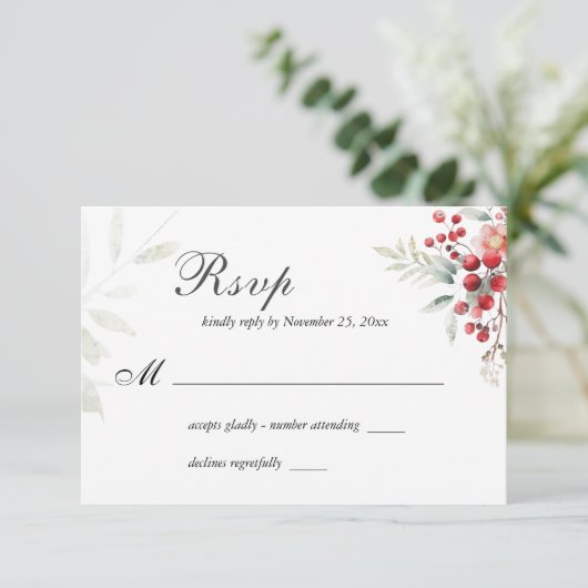 Winter Kerst Bloemen Waterverf Bruiloft RSVP Kaartje (Staand voorkant)