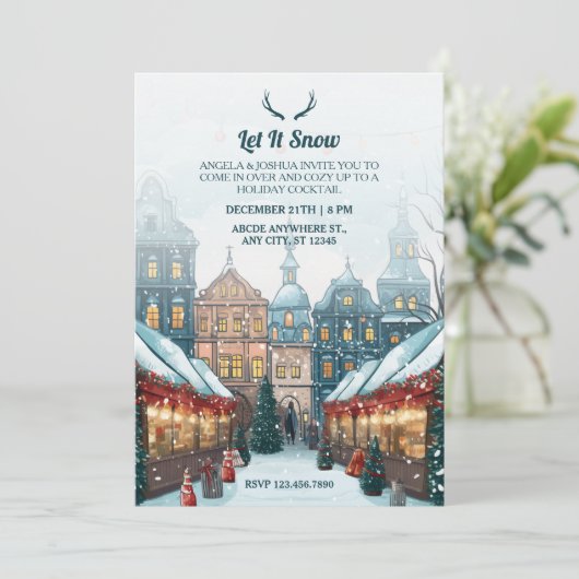 Winter kerst dorp laat het sneeuwen kaart (Staand voorkant)