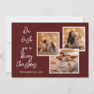 Winter Kerst Drie Foto's Maroon Feestdagenkaart