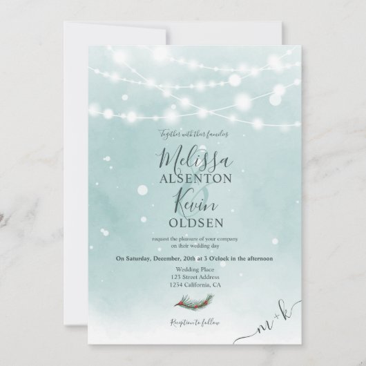 Winter Kerst Ijsblauwe String Lichten bruiloft Kaart (Voorkant)