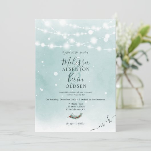 Winter Kerst Ijsblauwe String Lichten bruiloft Kaart (Staand voorkant)