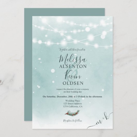 Winter Kerst Ijsblauwe String Lichten bruiloft Kaart (Voorkant / Achterkant)