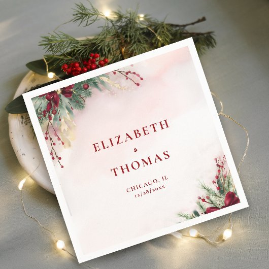 Winter Kerst Rode bessen Waterverf groen Servet