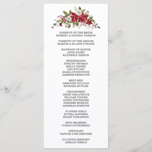 Winter Kerst Rode Poinsettia Trouwprogramma Programmakaart (Achterkant)