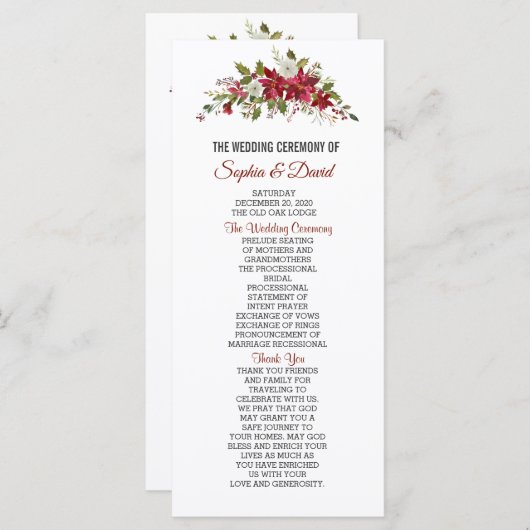 Winter Kerst Rode Poinsettia Trouwprogramma Programmakaart (Voorkant / Achterkant)