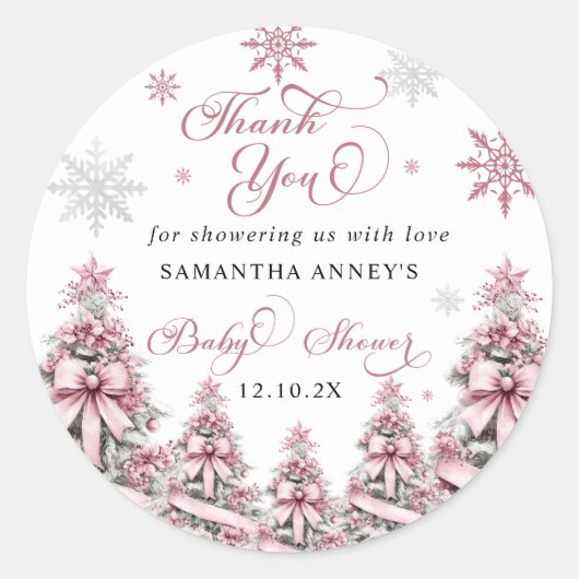 Winter Kerst Roze Baby shower Dank u Ronde Sticker (Voorkant)