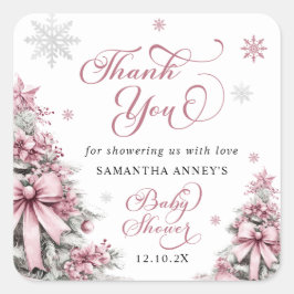 Winter Kerst Roze Baby shower Dank u Vierkante Sticker