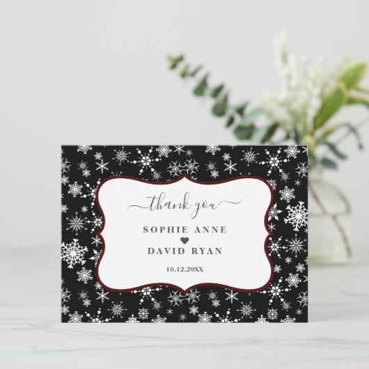 Winter Kerst Snowflakes Rode Buffalo Bruiloft Bedankkaart (Staand voorkant)