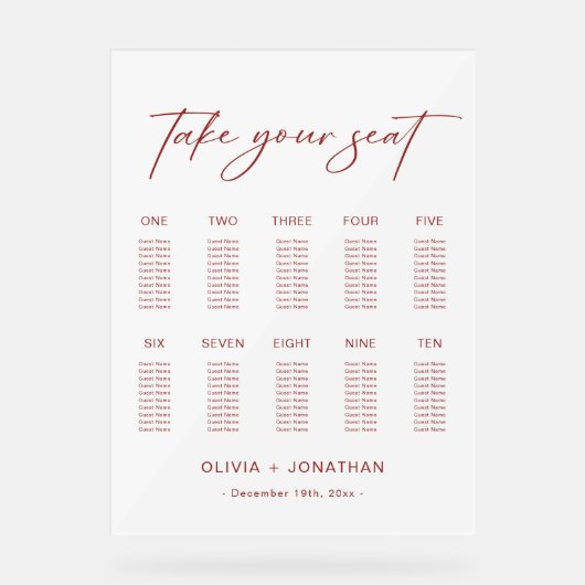 Winter Kerst Trouwen Zitting Grafiek 10 Tafels Acryl Bord (Voorkant)