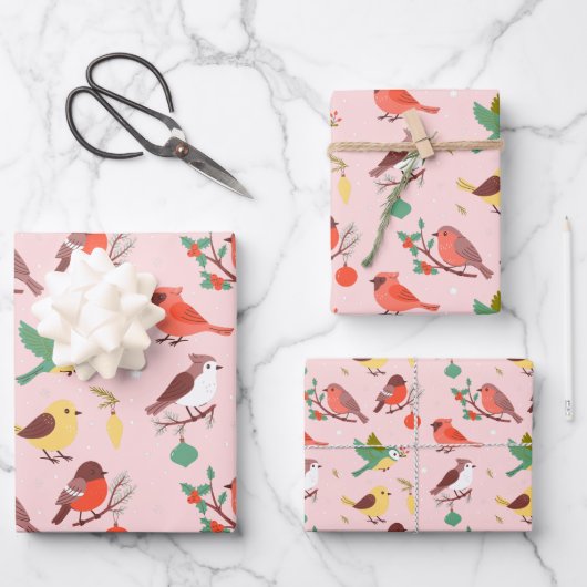 Winter Kerst Vogels Inpakpapier Vel (Voorkant)