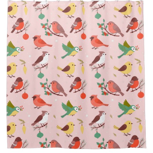 Winter Kerst Vogels Kinderen Douchegordijn (Voorkant)