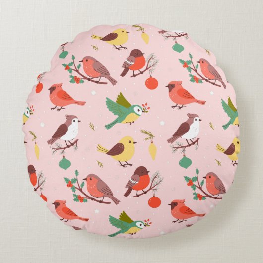 Winter Kerst Vogels Kinderen Rond Kussen (Voorkant)