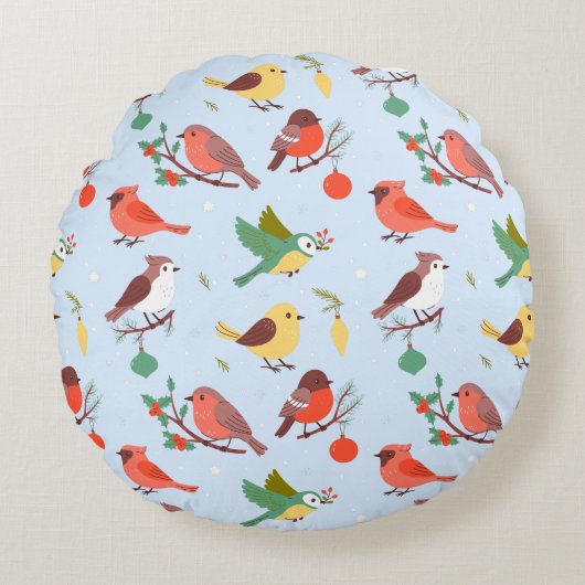 Winter Kerst Vogels Kinderen Rond Kussen (Voorkant)