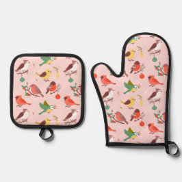 Winter Kerst Vogels Ovenwant & Pannenlap Set