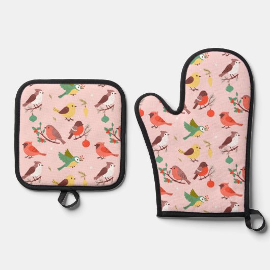 Winter Kerst Vogels Ovenwant & Pannenlap Set (Voorkant)