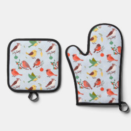 Winter Kerst Vogels Ovenwant & Pannenlap Set