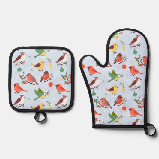 Winter Kerst Vogels Ovenwant & Pannenlap Set (Voorkant)
