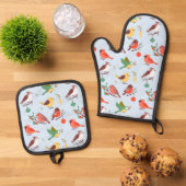 Winter Kerst Vogels Ovenwant & Pannenlap Set (Top down)