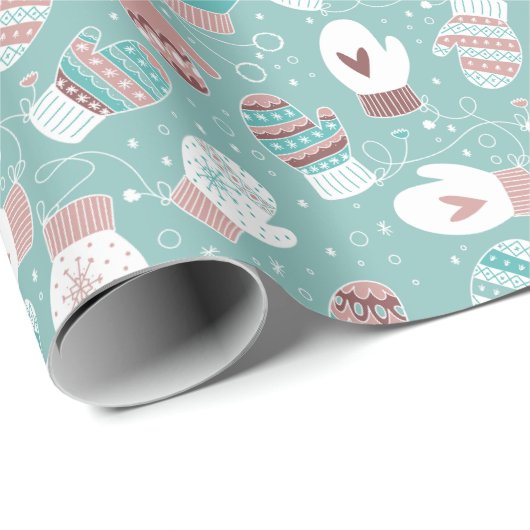 Winter Kerst wanten patroon in Mint Cadeaupapier (Rol Hoek)