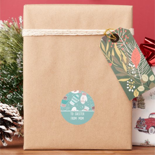 Winter Kerst wanten patroon in Mint Ronde Sticker (Feestdagen)