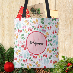Winter Kerst wanten Snoep rood roze monogram Tote Bag