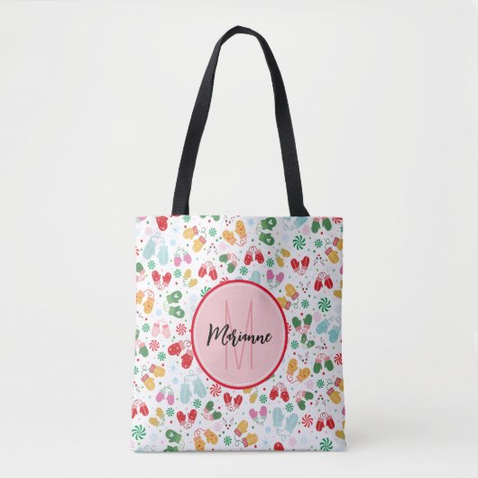 Winter Kerst wanten Snoep rood roze monogram Tote Bag (Voorkant)