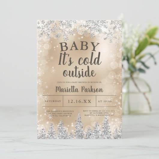 Winter Kerst Zilveren Sneeuw Pine Goud baby shower Kaart (Staand voorkant)