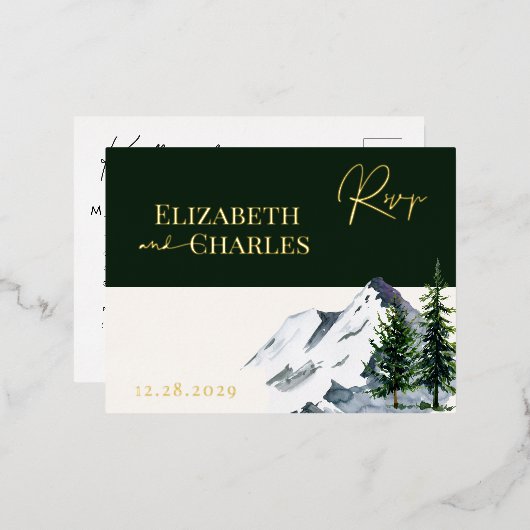 Winter Kerstbomen Bergen Vakantie RSVP-kaart Folie Uitnodiging Briefkaart (Voorkant / Achterkant)