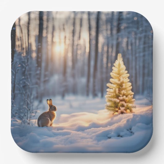 Winter Kerstboom met konijn Papieren Bordje (Voorkant)