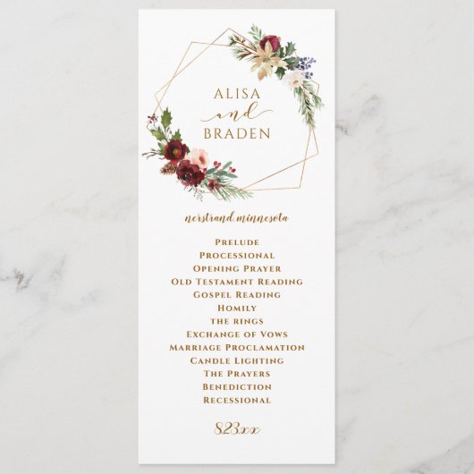 Winter Kerstbruiloft Bourgondische Waterverf Boho Programmakaart (Voorkant)